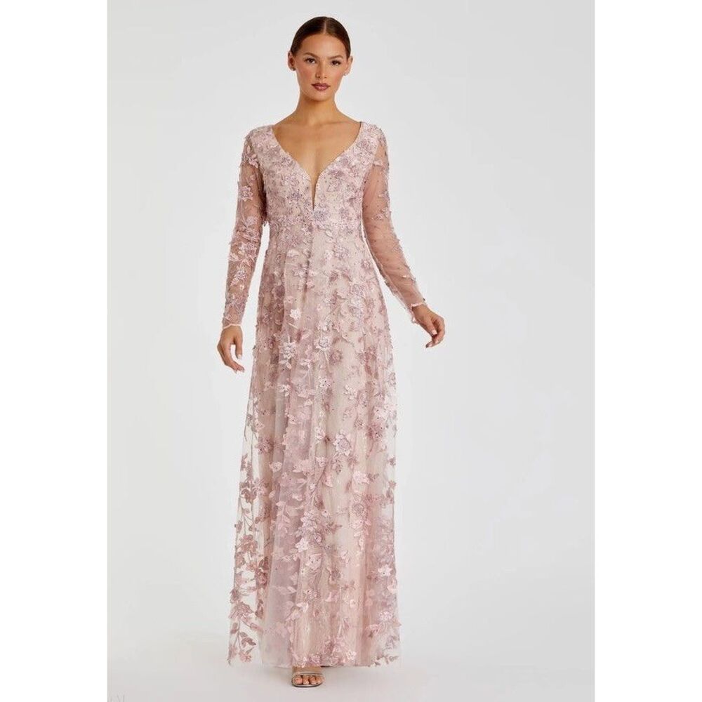 Mac Duggal Pink Floral Applique Long Sleeve Illusion Gown Size 16 $420